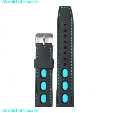 22mm Black With Light Blue  Silicone Men Watch Band Straps WB1023D22JB