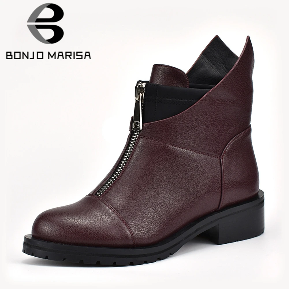 

BONJOMARISA New Fashion Solid Wide Med Heels Round Toe Shoes Woman Casual women's Winter Warm Ankle Boots Black Big Size 34-42