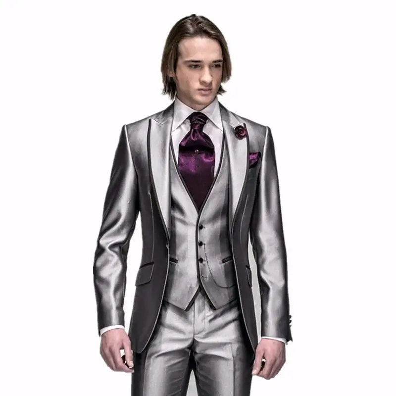 Custom Tuxedos Gentleman Style Shiny Grey Men's Suits