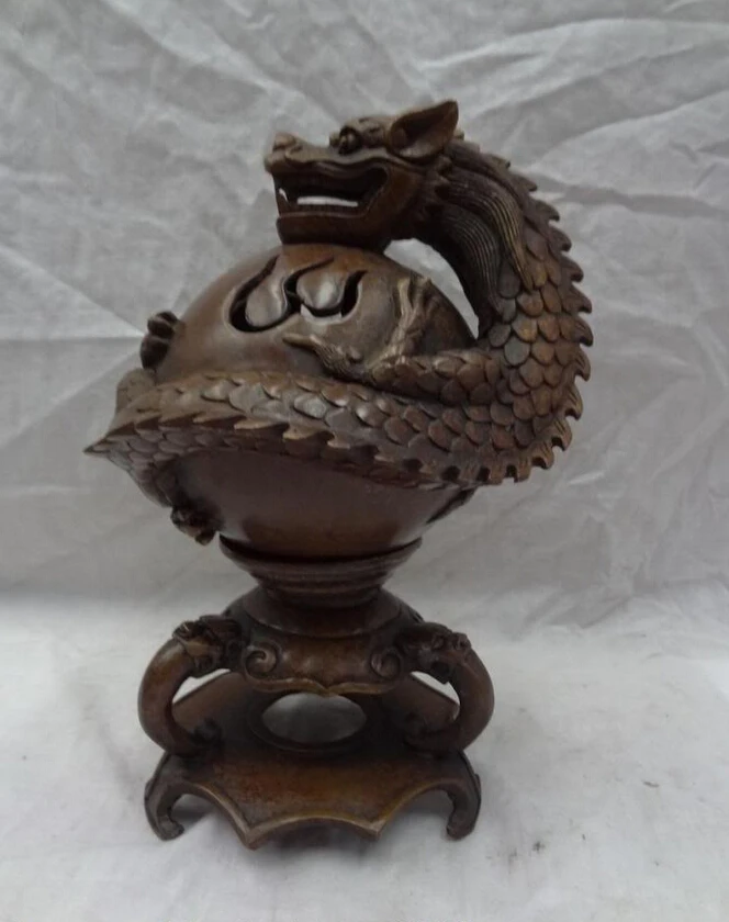 

song voge gem S4658 9" Chinese Bronze Buddhist Dragon Head Ball Statue Box Incense Burner Censer