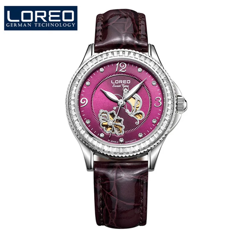 

LOREO automatic mechanical Pearl dial Austria diamond Leather belt waterproof 316L stainless steel women simple luxury watch O80