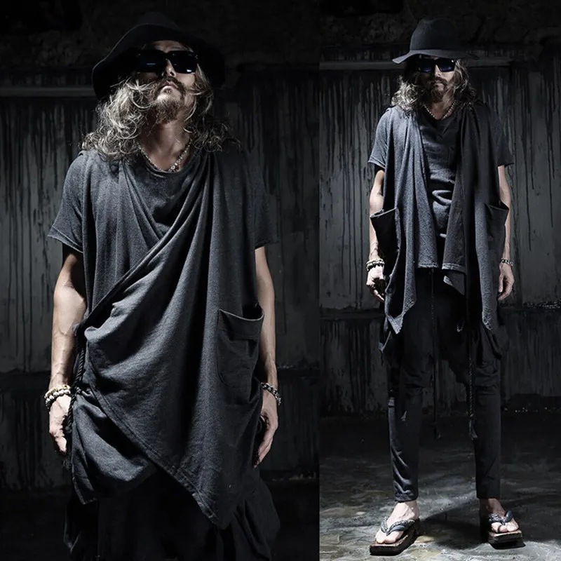 

Men korean punk hip hop long vest irregular design cloak costume men gothic long waistcoat nightclub cardigan stage costume