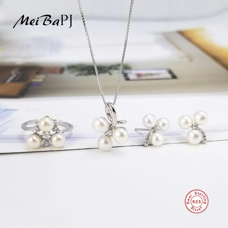 

[MeiBaPJ]Simple Personality Fashion Flower Shape Pearl Set S925 Silver Earrings & Necklace & Ring Fine Jewelry Sets For Women