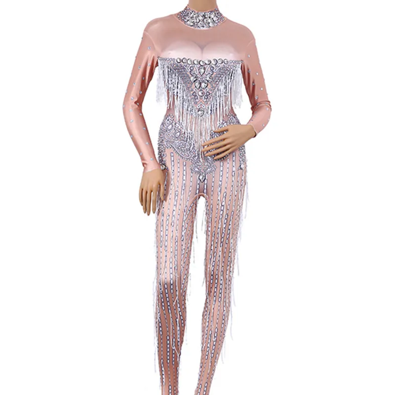 

Female Singer Dancer Sexy Leggings Costume Big Stretch Bodysuit Nightclub Oufit Party Wear Outfit Sexy Tassels Crystals Jumpsuit