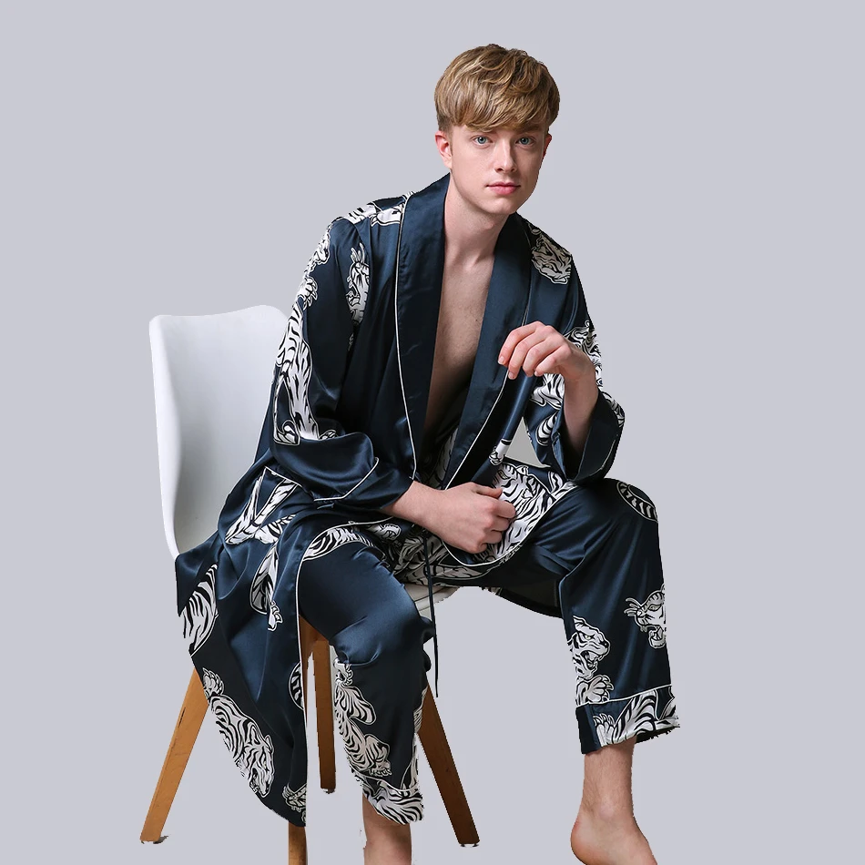 Two-Pieces Silk Nightgown Satin male Sleepwear Loose Tiger Dress Silky Long Sleeve Robe and Long Pants bathrobe set for Men mens pjs