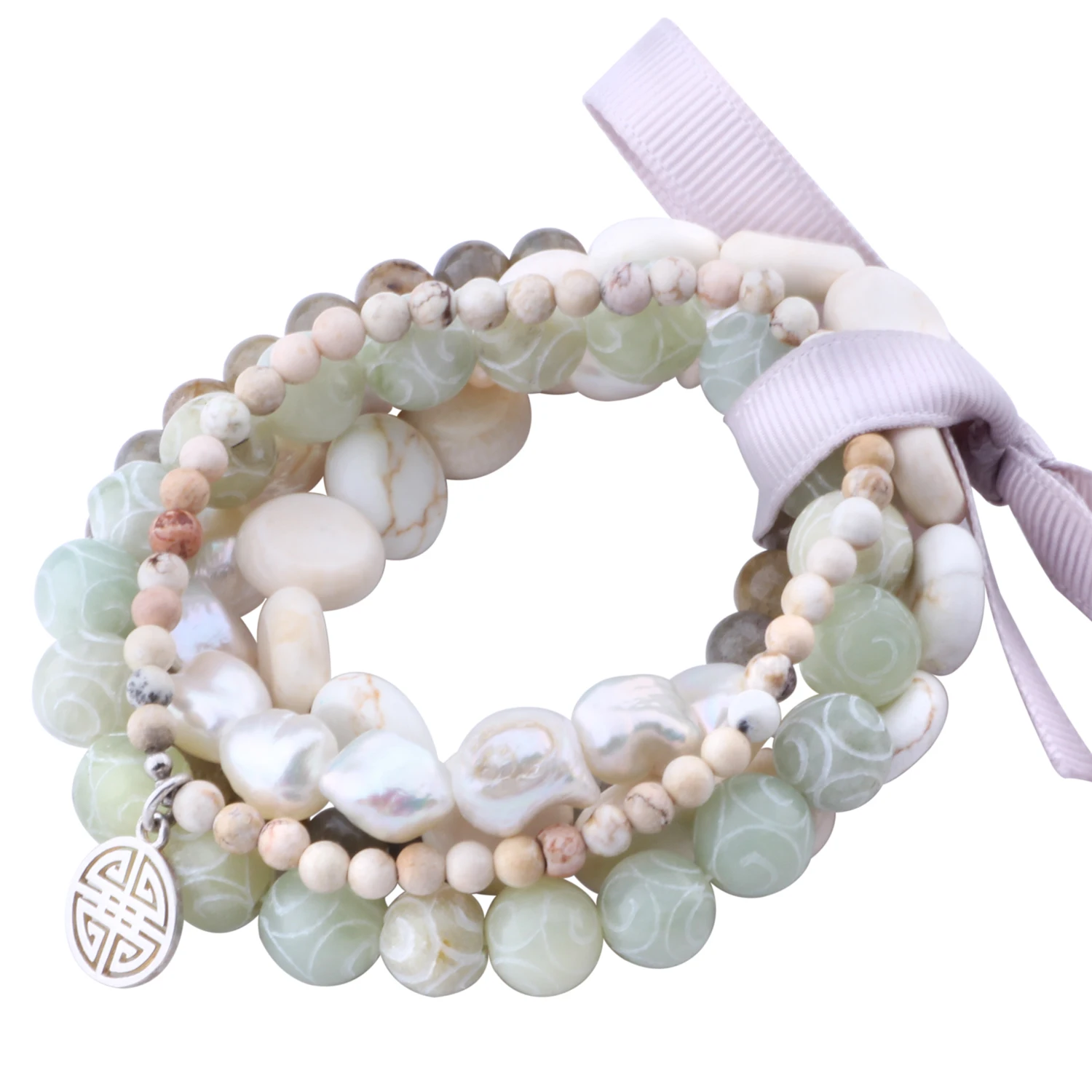 

MetJakt Natural Gemstone Mix Howlite+Pearl+Jade+Labradorite 5pcs Handmade Elastic Bracelet with Double Happiness Charm 18-19cm