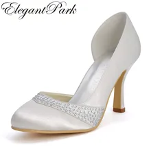 Летние Элегантные женские туфли EP11020 цвета слоновой кости круглый носок Стразы 3," Высокая туфли-лодочки на каблуке сатин для невесты на свадьбу Вечеринка обувь