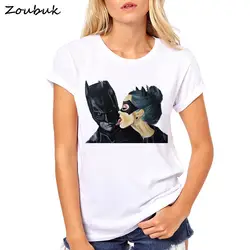 2018 летние топы аниме мультфильм Бэтмен и Женщина-кошка Футболка женская крутая футболка Женская футболка одежда хипстер поцелуй футболка