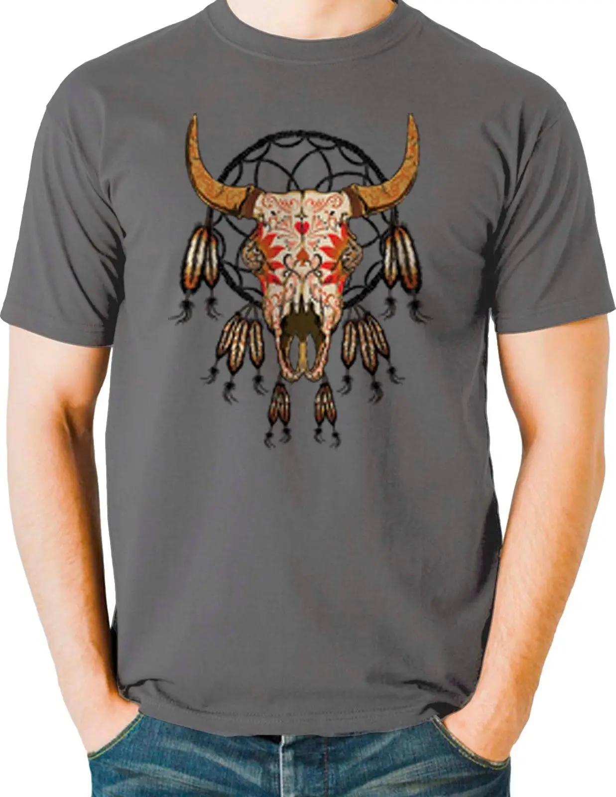 

Novelty Cool Design Bull Skull Dream Catcher Graphic T-Shirt Men's 100% Cotton size S-3XL Free Shipping