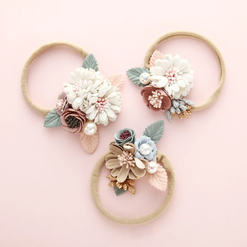 

Vintage Floral Hair Bows Elastic Hairband for little girl Nylon Pearl Flower Headband Newborn Headdress Wedding Hair Accessories