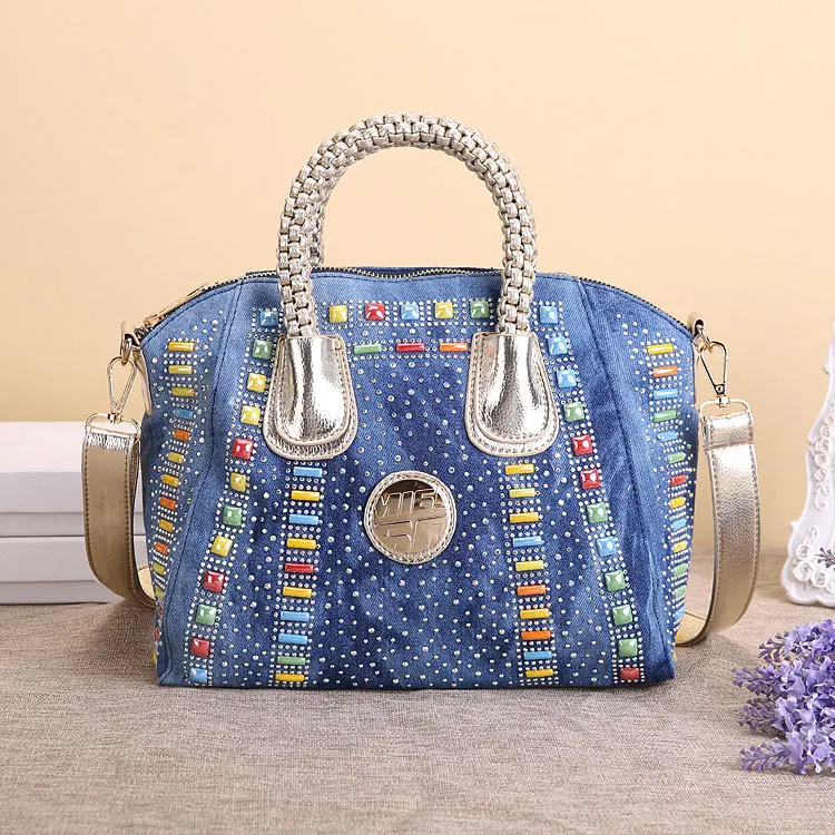 Women Denim Bags Jeans Handbag High Quality Ladies Bags With Diamonds