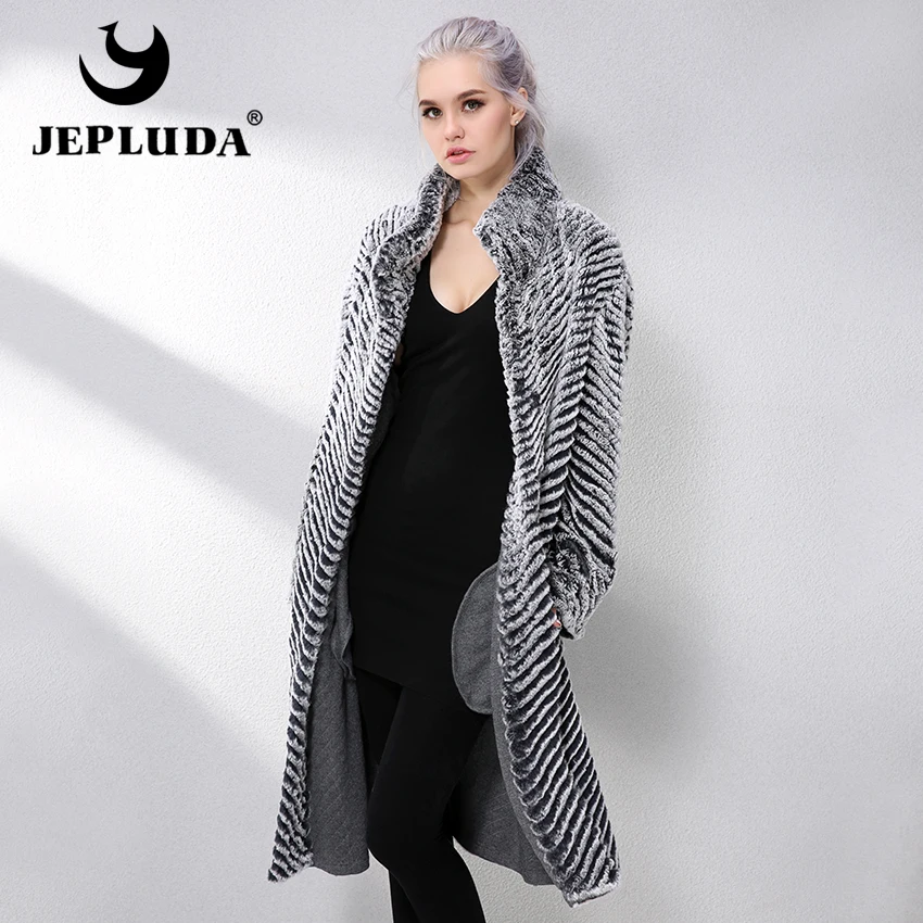 JEPLUDA New Real Fur Coat Double-sided Wool Blends Cloak Knitting Natural Real Rex Rabbit Fur Coat Genuine Leather Jacket Women