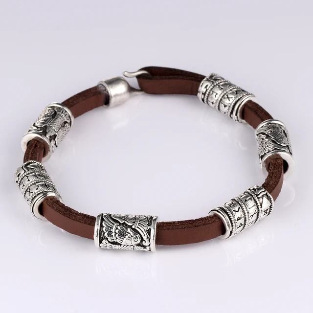 New Brown Genuine Leather Bracelet Silver Viking Runes Beads Trendy New Brown Genuine Leather Bracelet Silver Viking Runes Beads Trendy Casual Bracelets Bangles Bead For Paracrod