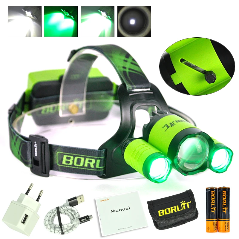 BORUiT B22 8000LM XM L2 2XXPE Green LED Headlamp Hunting Headlight Flashlight power by 2x18650 USB