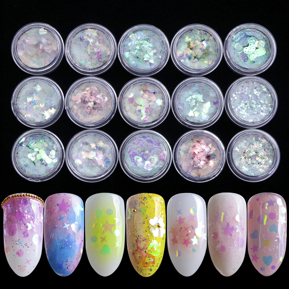 

15 Boxes Shinny AB Color Nail Glitter Flakes Sets 3D Triangle/Smile Face 15 Shape Dazzling Paillette Nail Art Decor TRAB01-15
