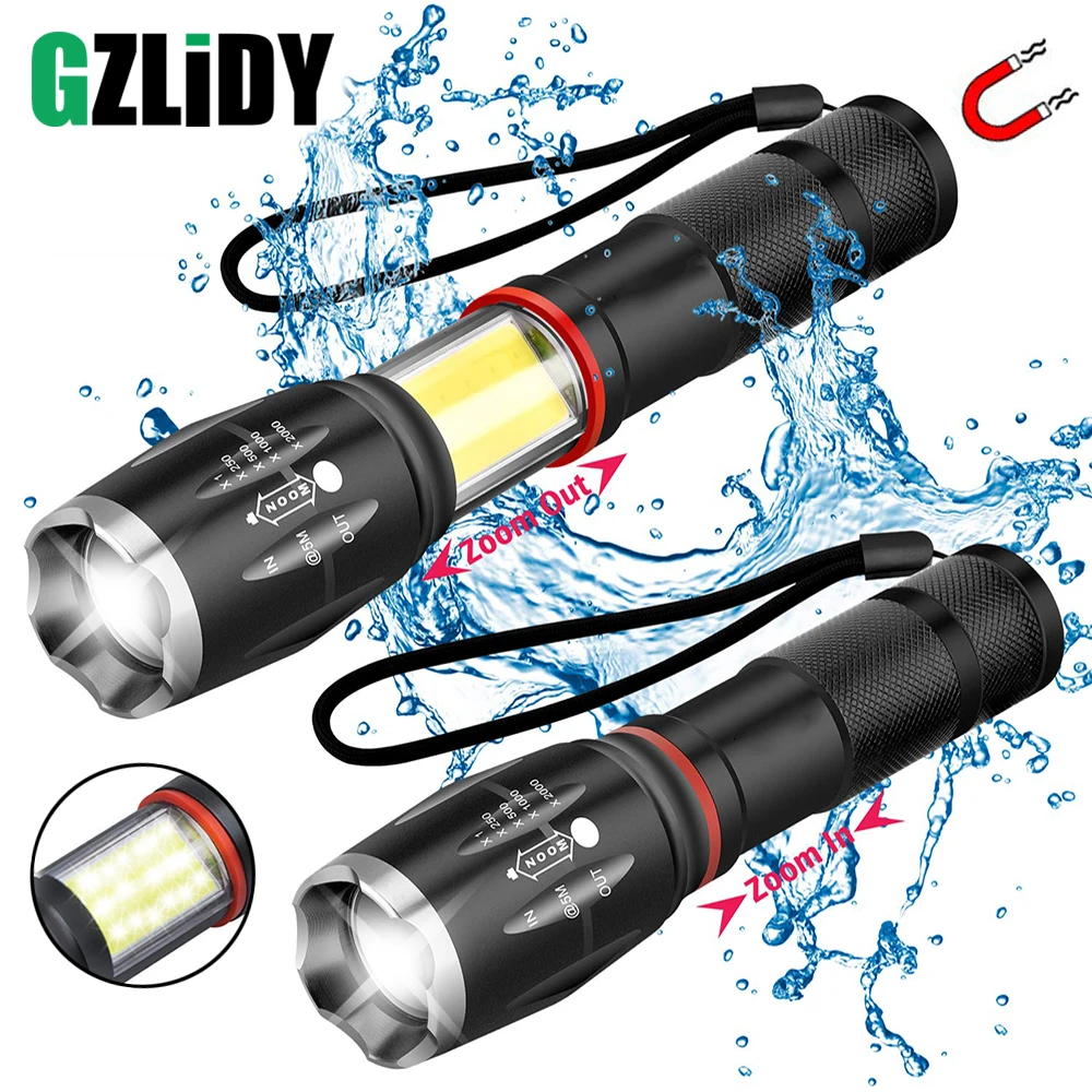 

Multifunction Led flashlight 8000 Lumens T6 L2 waterproof zoom torch COB design flashlight tail super magnet design camping lamp