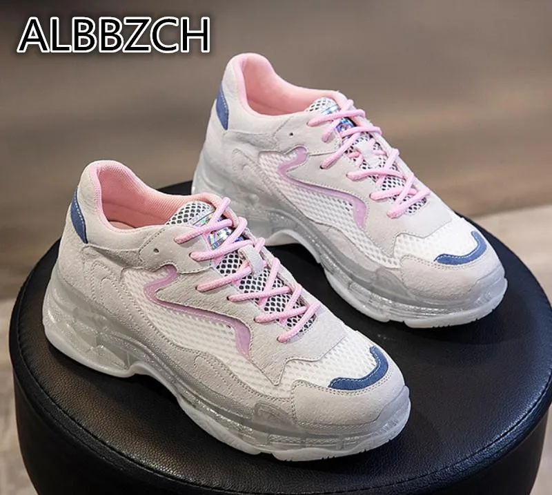 

New Women White Casual Shoes Woman Crystal Platfrom Sneakers Fashion Web celebrity Sport Dad Shoes Yellow Pink Leisure Shoes