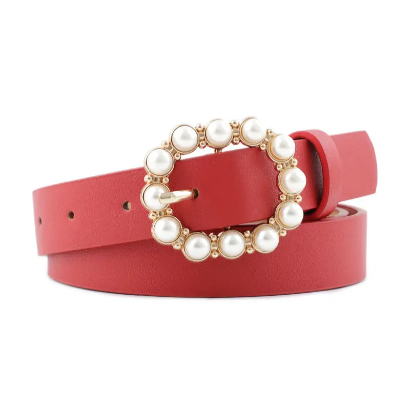 Fashion Pearl Decorative Belt Ladies Belt Round Pin Buckle Pearl Belts Women's Casual Solid PU Leather Thin Belt - Цвет: red