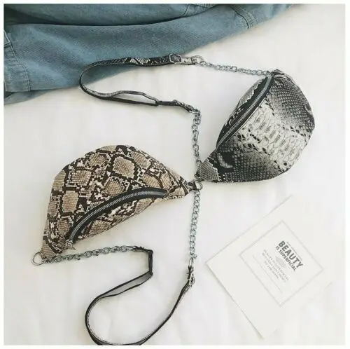 New Style Fashion Snake Pattern Chain Shoulder Waist Bags Fanny Pack Travel Waist Festival Money Belt PU Leather Holiday