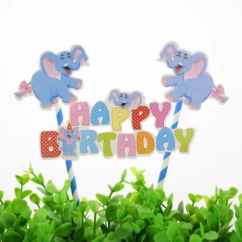 

1pc DIY Cartoon Blue Elephants Happy Birthday Cake Flag Boy Baby Shower Cake Topper Birthday Party Cake Baking Decor