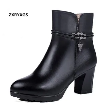 

2019 New Winter Warm and Comfortable Women Boots Snow Boots Real Leather Shoes High Heeled Boots Inside Plush or Wool Ankle Boot