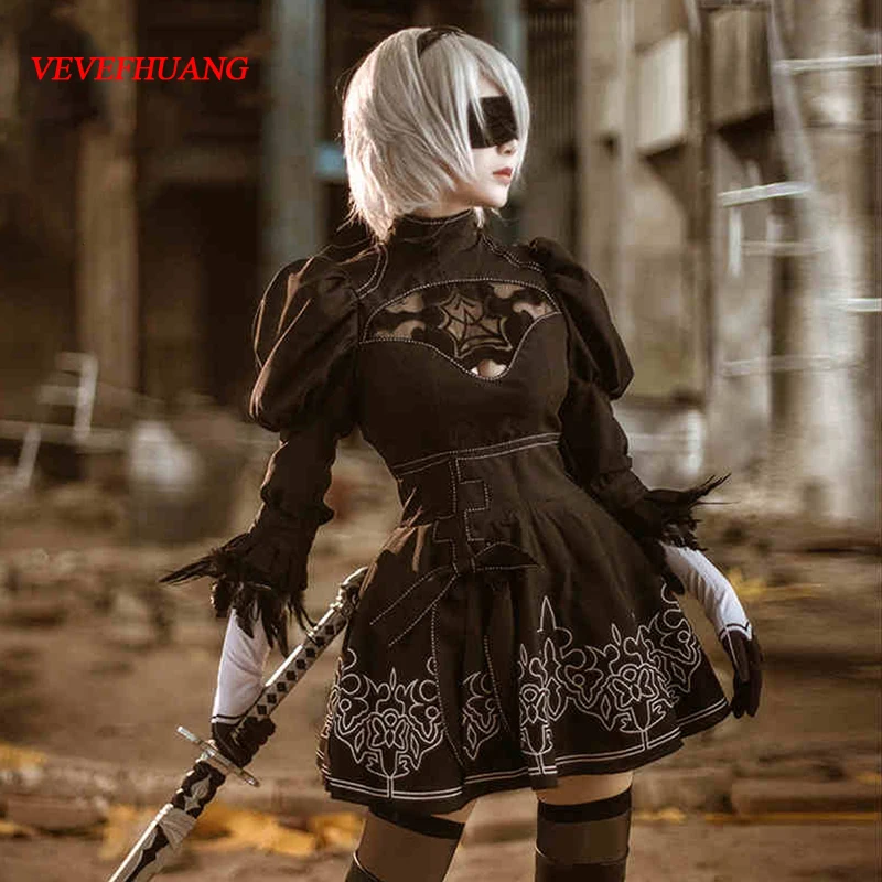 

VEVEFHUANG Nier Automata 2B Cosplay Anime Women Costume Set Outfit Yorha Disguise Dress Fancy Halloween Girls Party Black Suit