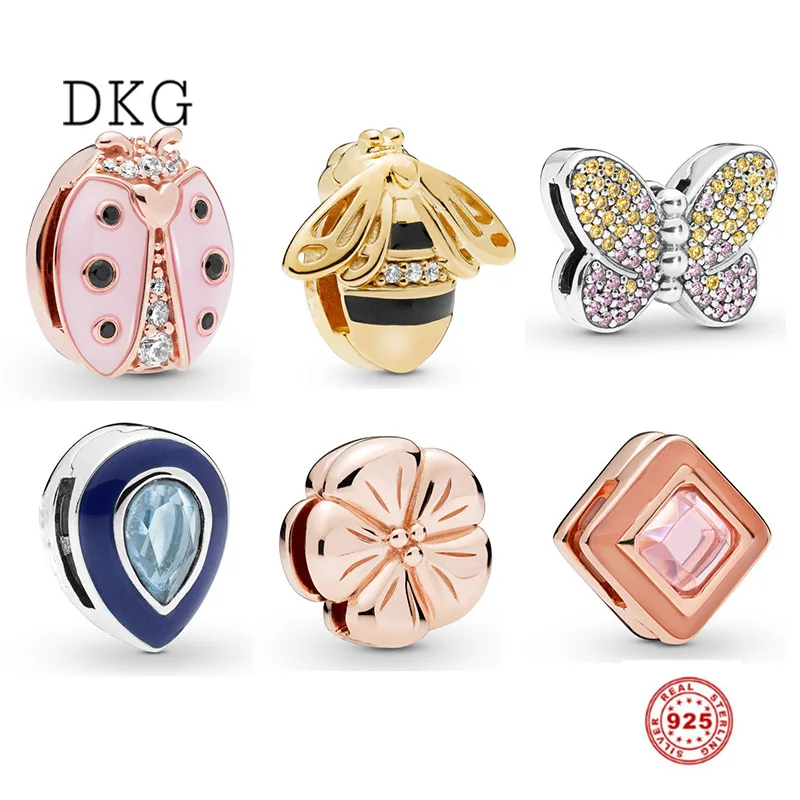 

2019 New 925 Sterling Silver Bee Butterfly Pink Ladybug Sequins Reflective Clip Pendant Fit for Women's Bracelet DIY Jewelry