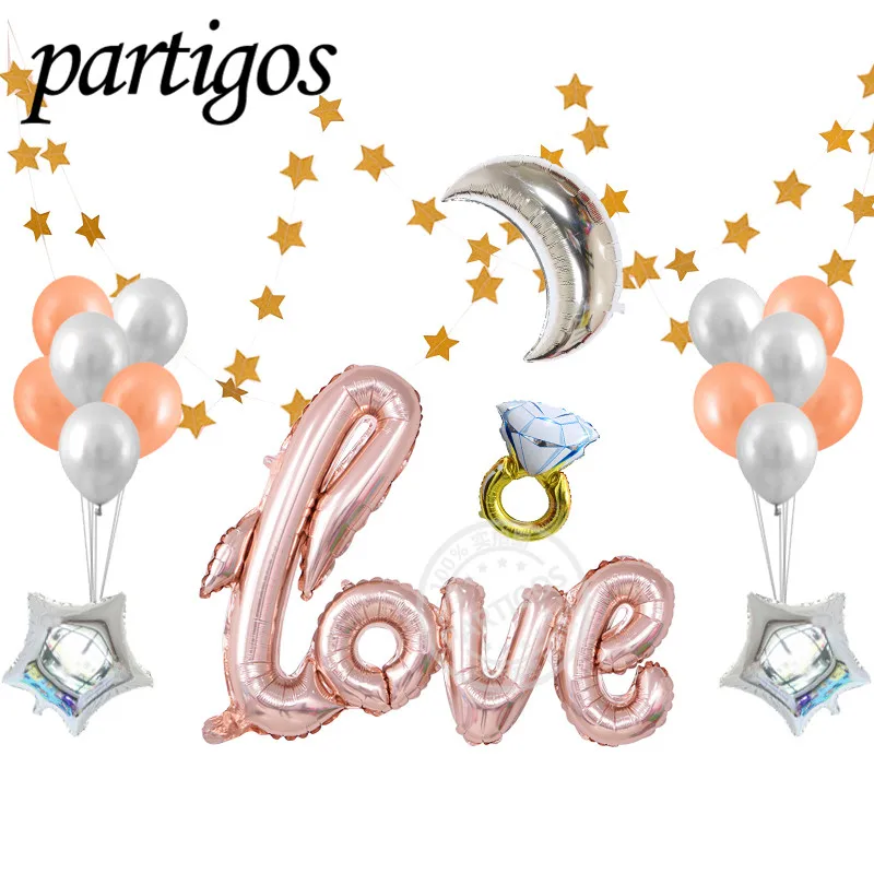 

19pcs/lot rose gold linking love Latex Balloon diamond 18inch silver star 36'' moon Star pendant Wedding Decor Supplies Gifts