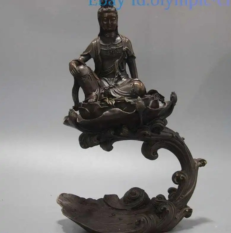 

16" China bronze carved sculpture fine buddhism Kwan-yin buddha on wave Statue