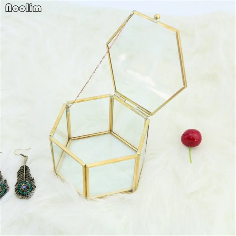 NOOLIM Европейская ретро бронзовая шестиугольная стеклянная шкатулка для ювелирных изделий, коробка для десерта, торта, дисплей, Геометрическая коробка для хранения высокого класса