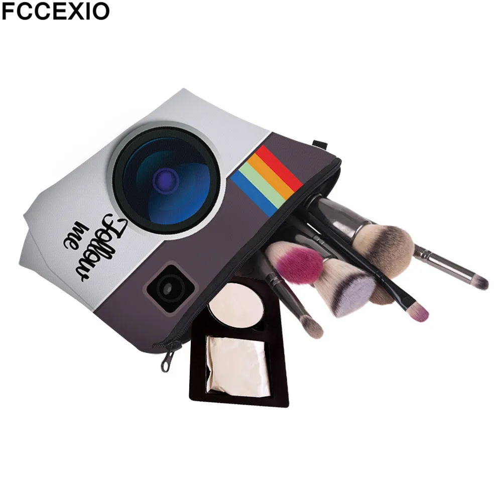 FCCEXIO جديد 3D المطبوعة ماكياج أكياس كاميرا نمط الأزياء مستحضرات التجميل الجيبات للسفر السيدات الحقيبة النساء نقبل التجميل أكياس