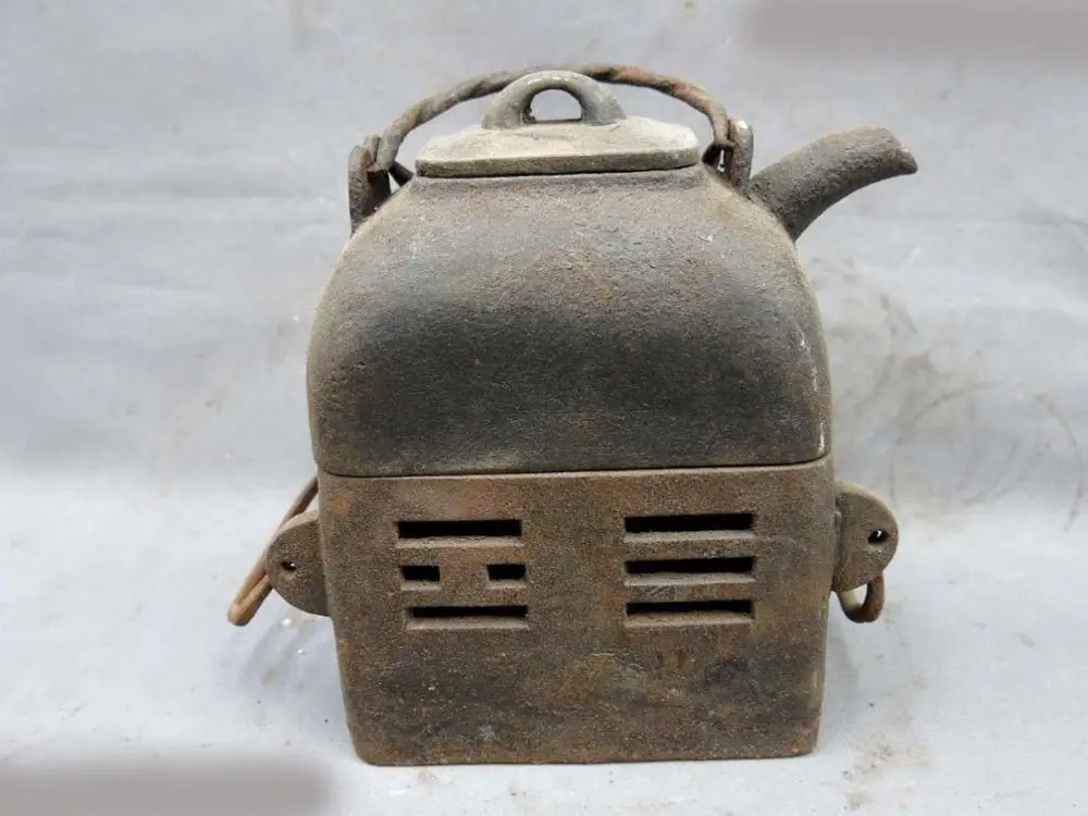 

9" China old Iron carved beautiful Cook Tea Stove and teapot Sculpture Statue