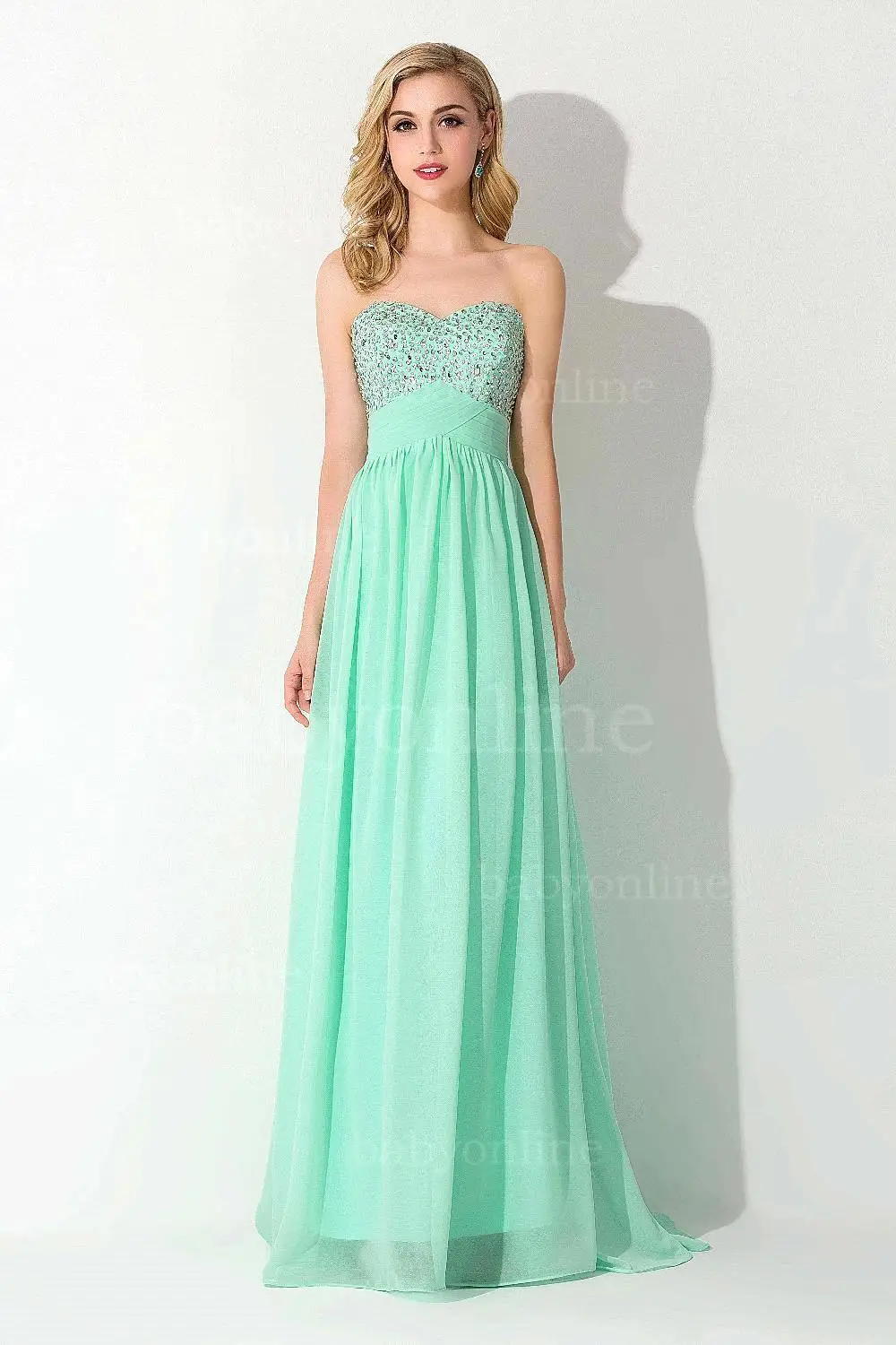 Pretty Mint Green Beaded Chiffon Long Prom Dresses 2015 Elegant Evening Party Dresses Robe de Soiree