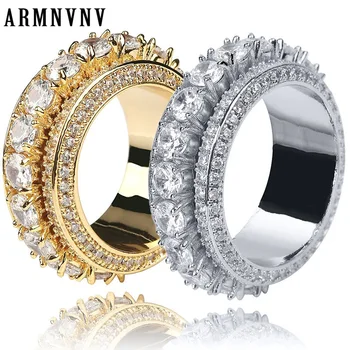 

ARMNVNV 5 Row Zircon Men's Ring Rotatable Copper Charm Gold Silver Color Cubic Zircon Iced RING Fashion Hip Hop Jewelry