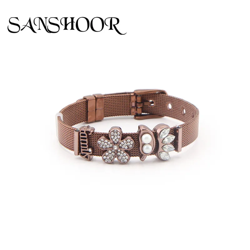 

2019 New Dropshipping SANSHOOR Coffee Stainless Steel Mesh Bracelet Set with Coffee Slide Charms as Christmas Best Gift