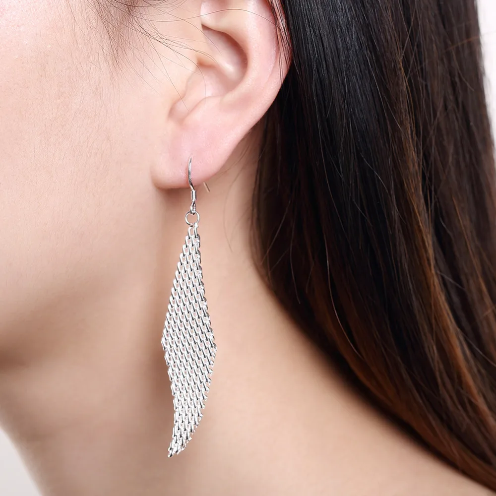 Fashion 925Sterling Solid Silver Jewelry Mesh Rhombic Dangle Earrings Women E061 