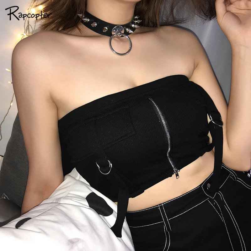 

Rapcopter Black RibbonsSummer Bandeau Tube Top Boob Strapless Crop Tops Wrap Chest Sleeveless Tees Shirt Bralette Streetwear Top