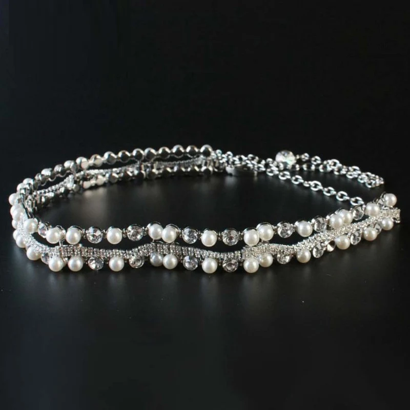 New Silver Pearl Waist Chain Korean Fashion Diamond Inlaid Metal Tassel