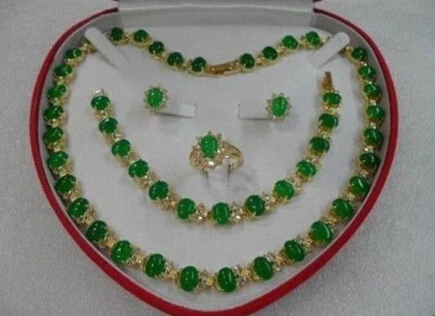 

00770 jewelry green jade gem yellow gold Earring Bracelet Necklace Ring+(box) jewelry set