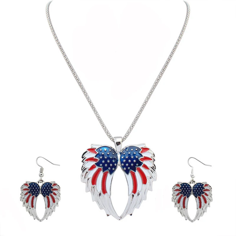 

Independence Day American USA Flag Design Pendant Patriotic Wings Necklace Earrings Charm Jewelry for Women Chains Stud Earring