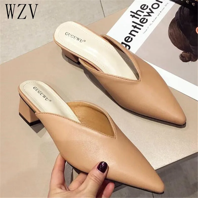 

2019 Summer Fashion Women Pointed Toe Slipper Square Low Heels Outsides Ladies Slides Luxury Brand Beach Mules Shoes Nude White