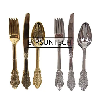 

120sets Wedding Disposable Cutlery Plastic Vintage Party Tableware Fancy Fork Knife Spoon Dinnerware for Cake Ice Cream