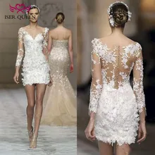 С длинным рукавом Цветочная Иллюзия аппликации сзади Европейский Новое поступление модное Короткое свадебное платье Элегантное страна свадебное платье W0015