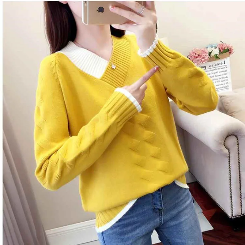 Cena Damskie dzianinowe swetry i pulowery na co dzień z długim rękawem damskie ciepłe dekolt w serek jesień Jumper Korea Twist kobiece solidne Pull niebieski sweter