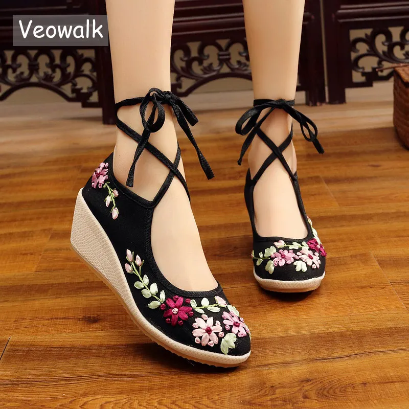 

Veowalk 3D Flower Embroidered Handmade Women Canvas Wedge Espadrilles Shoes Long Ankle Strap Ladies Comfort Mid Heels Platforms