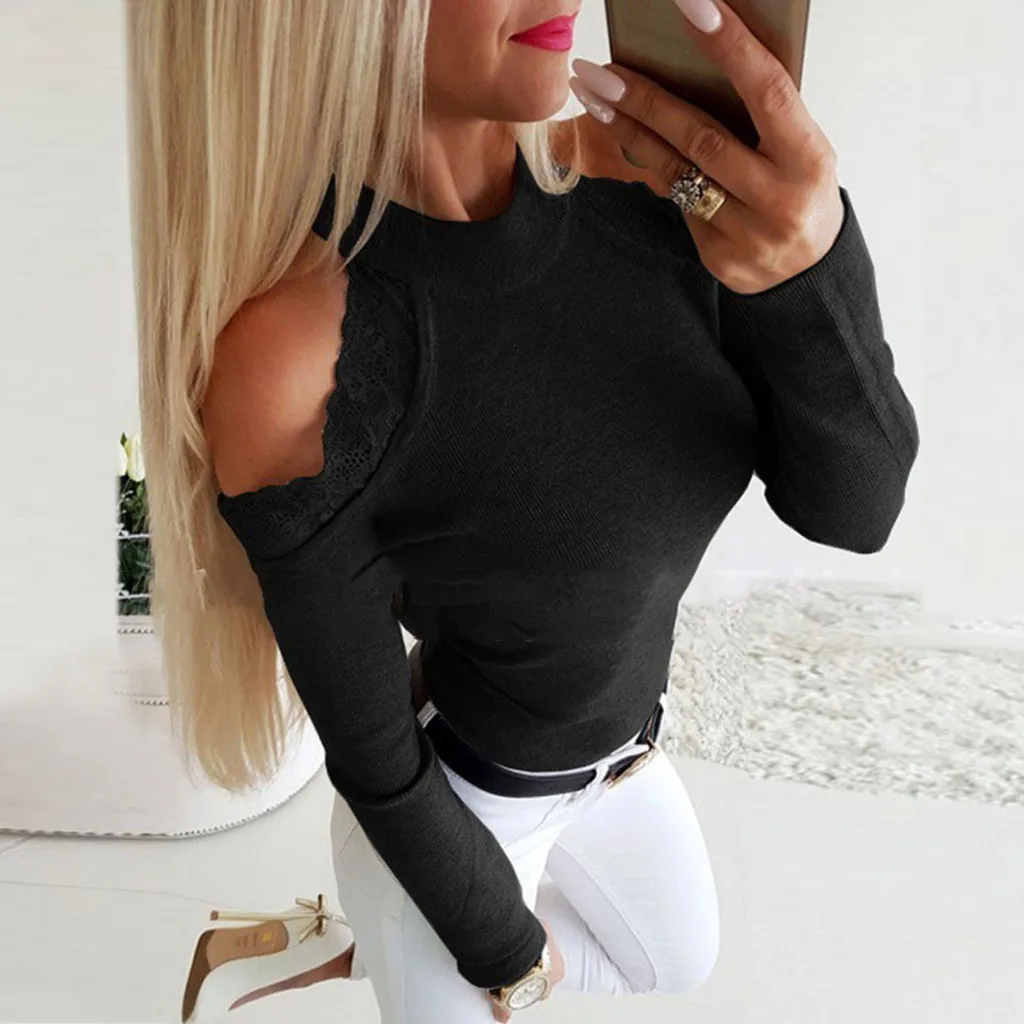 

Off Shoulder Lace Blouse Shirt Plus Size Long Sleeve Round Neck Womens Tops And Blouses 2019 Feminine Blouse