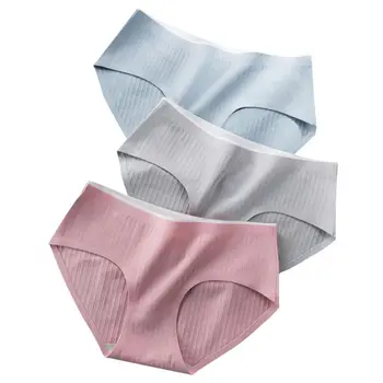 

3Pcs/Set Women Girls Mid Rise Antibacterial Seamless Underwear Briefs Breathable Panties Solid Color Thread Ribbed Thong Random