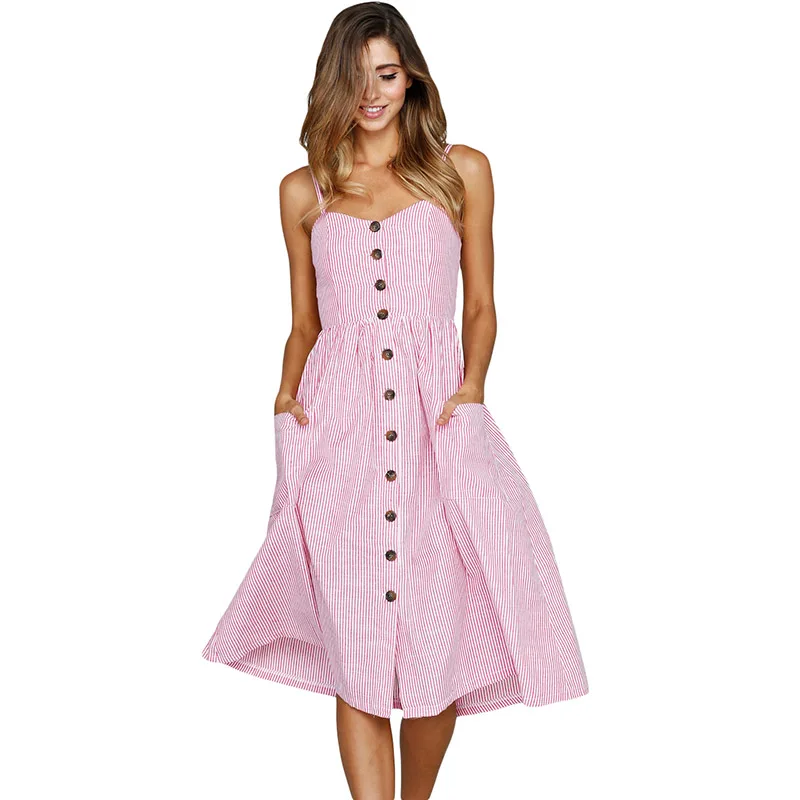 Pink-White-Striped-Button-Down-Mid-Calf-Dress-LC610030-10-1
