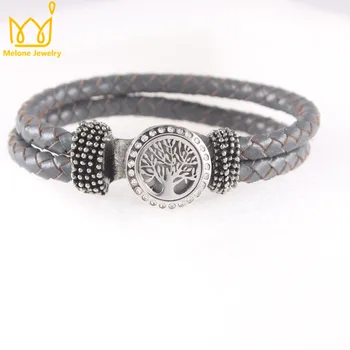 

100% Real Leather Bracelet 316L Stainless Steel Silver Crystal Yoga Essential Oil Diffuser Locket Snap Button Charm Bracelet