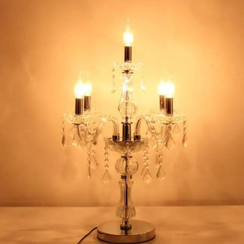 5 Arm Elegant Cut Crystal Glass Candle Holder With Silver Trimmings 